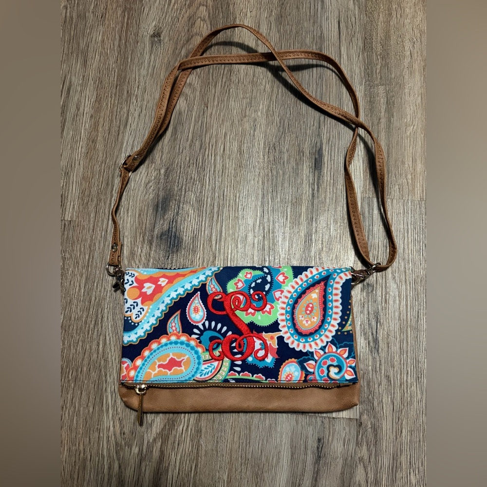 Viv & Lou Canvas Paisley Crossbody Bag with Tan Trim and Monogrammed "S"